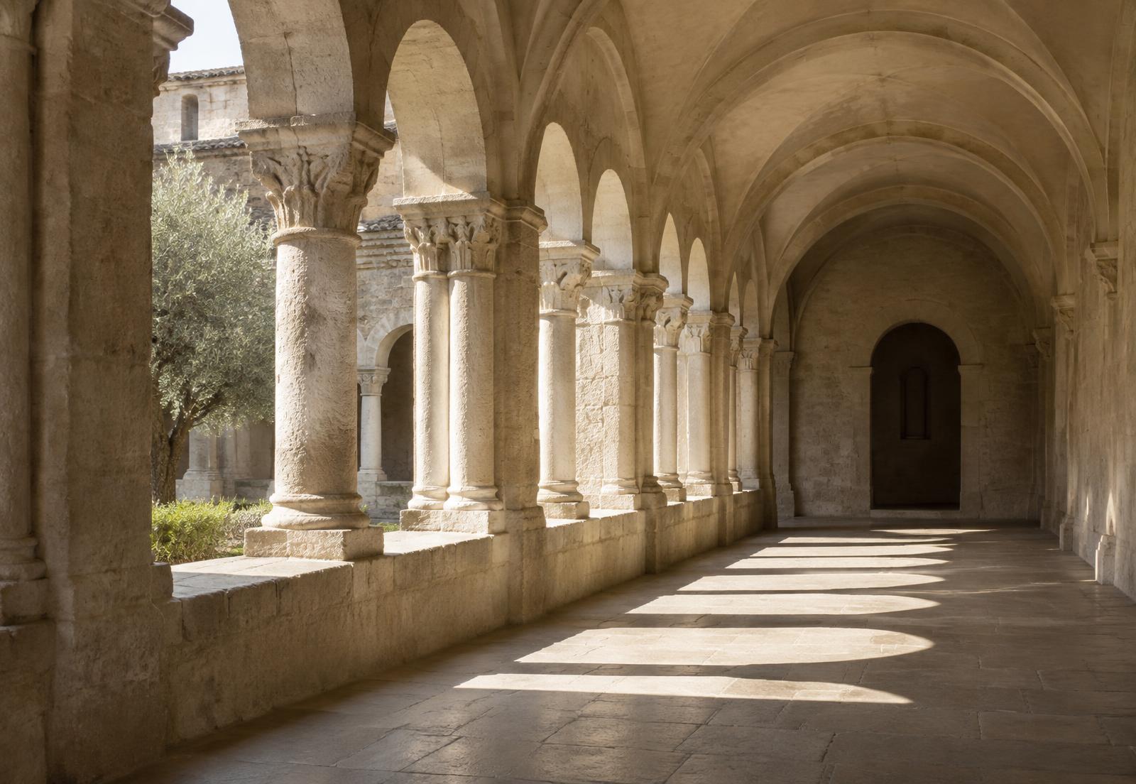 Claustro de piedra iluminado por la luz de la mañana